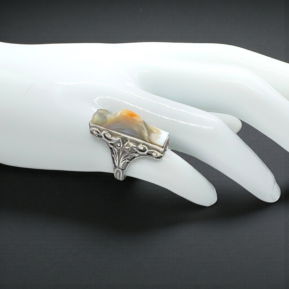 Vintage Art Deco Sterling Rectangular Abalone Blister Pearl Ring - Picture 3 of 14